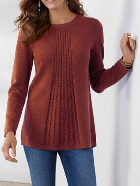 Soft Surroundings Priscilla Pullover Tunic Sweater L Brick Red Cozy Cable Knit